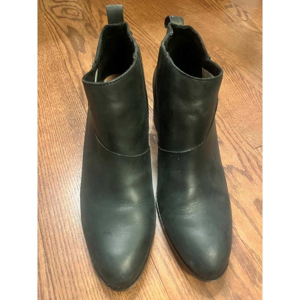 Toms Marina Black Leather Ankle Boots Almond Toe Block Heel Womens 9